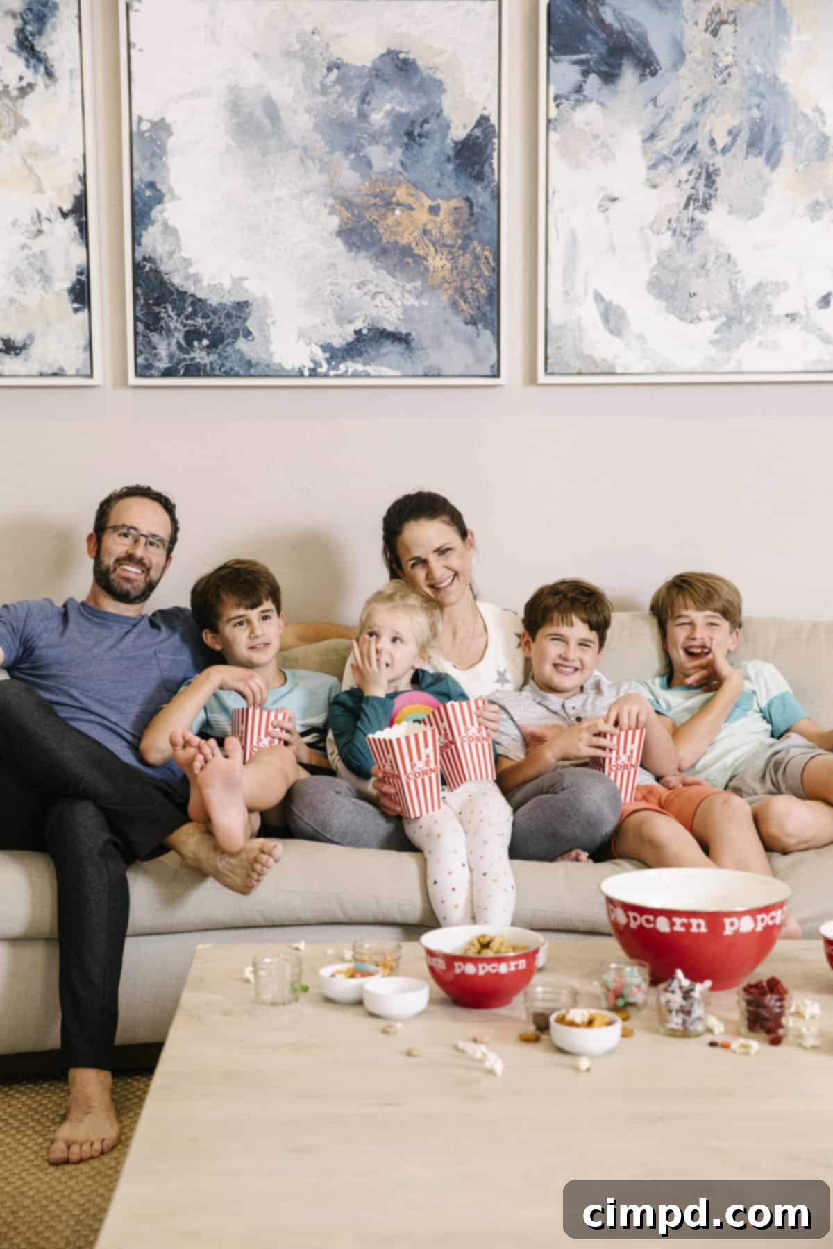 Close-up of a diverse movie night snack board