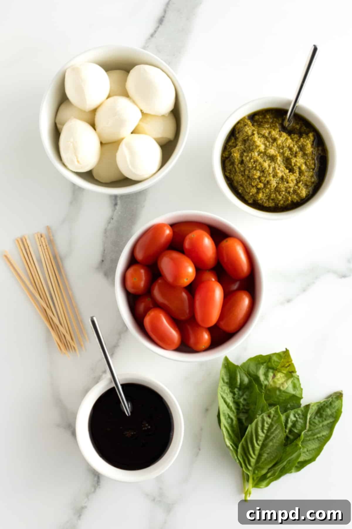 Ingredients laid out for making Cupid's Caprese Skewers