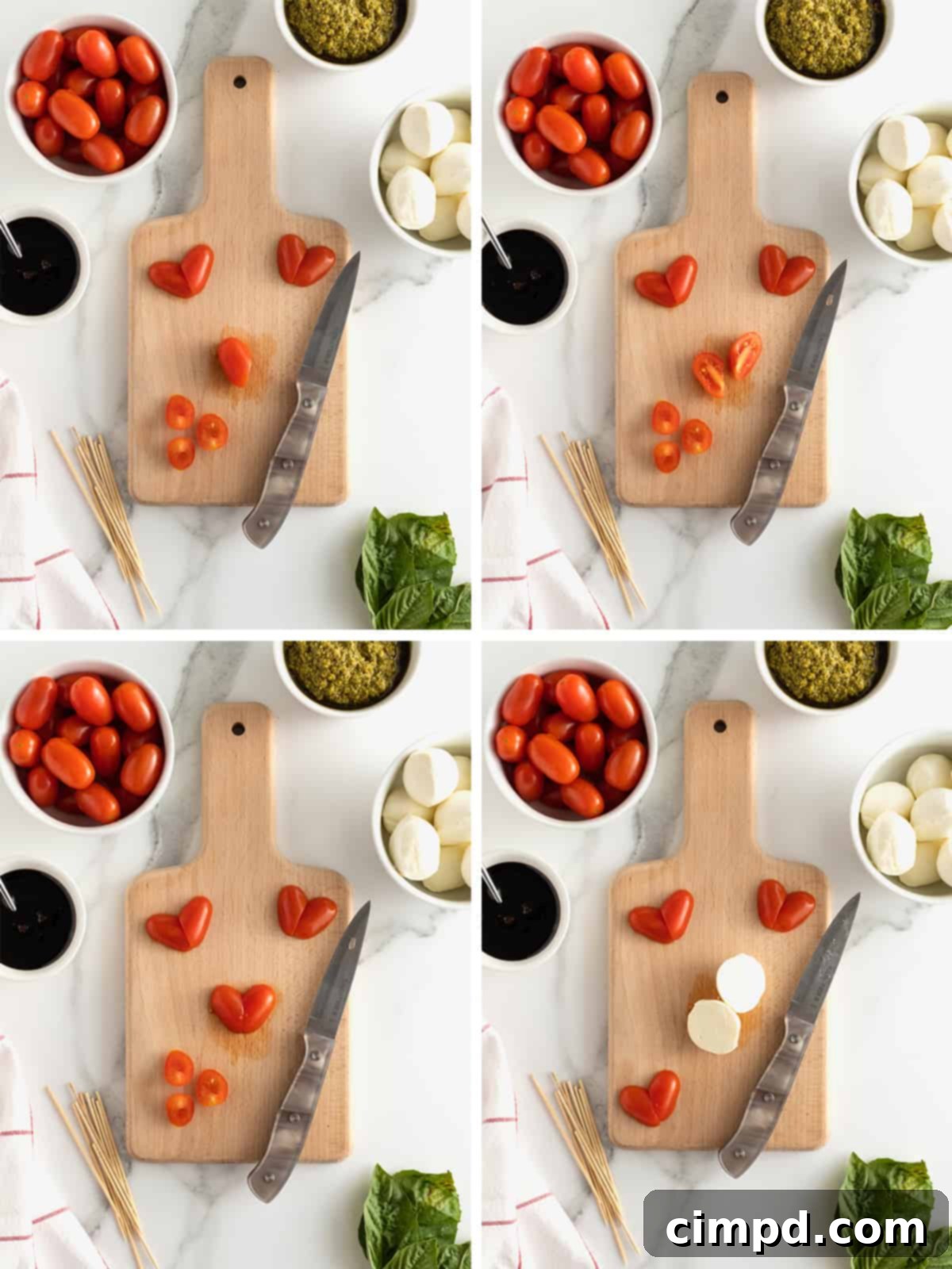 Step-by-step image showing how to cut tomatoes into hearts for Caprese skewers