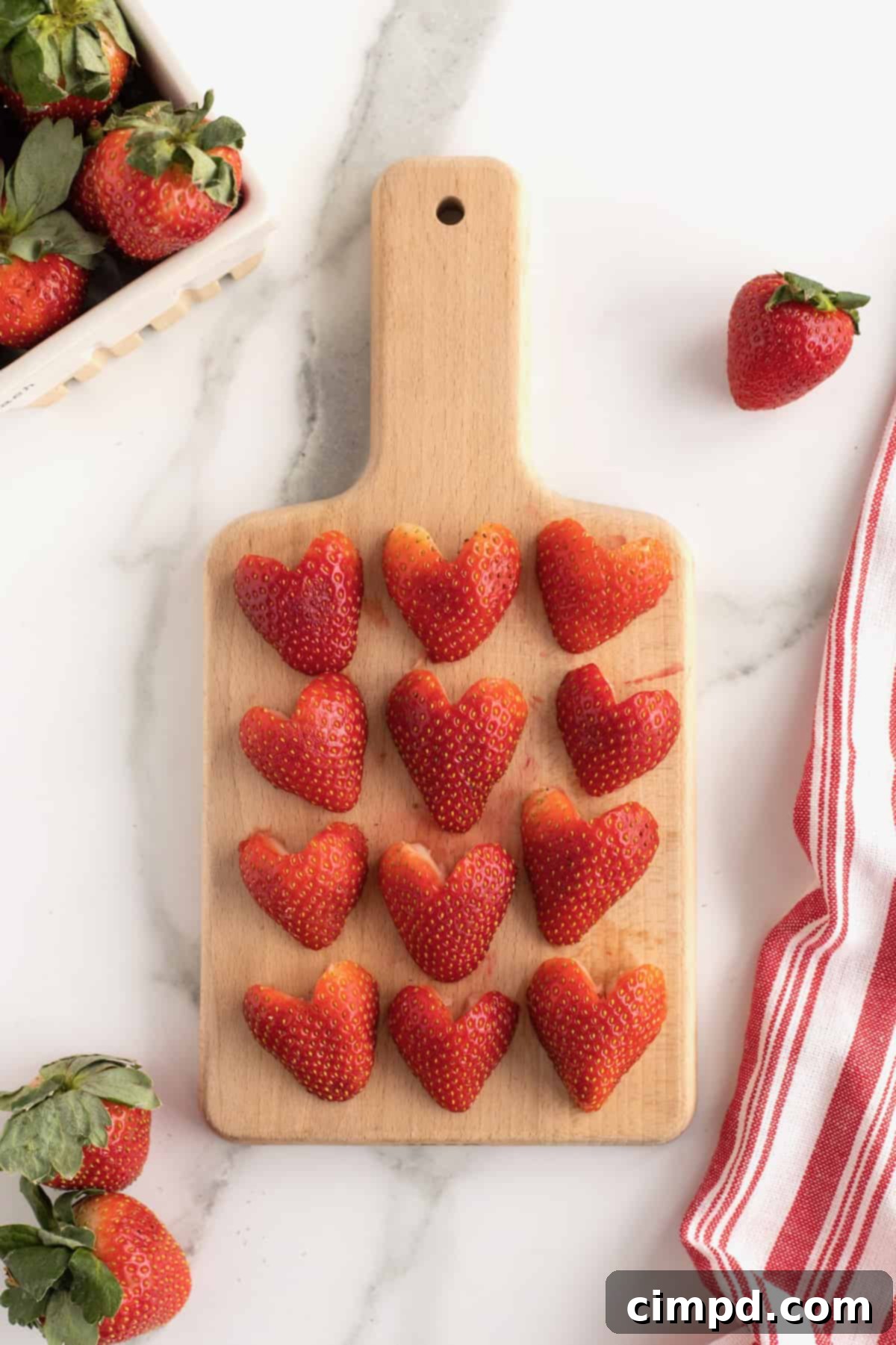 Making Perfect Strawberry Hearts 2 Learn how to effortlessly create beautiful heart-shaped strawberry halves and slices with The BakerMama's easy guide, perfect for adding love to any dish.
