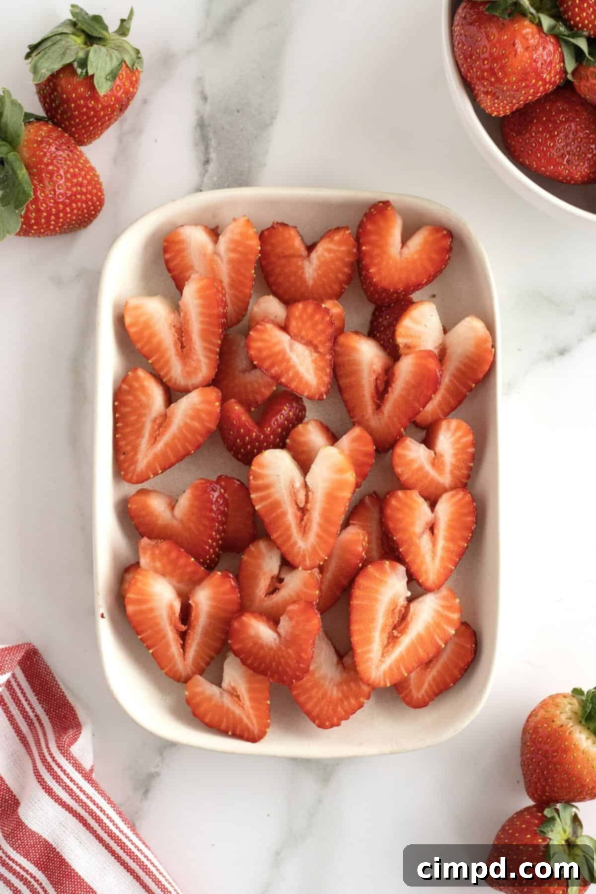 Making Perfect Strawberry Hearts 3 Heart-shaped strawberry slices and halves, perfect for adding a sweet, loving touch to breakfast, snacks, or dessert boards.