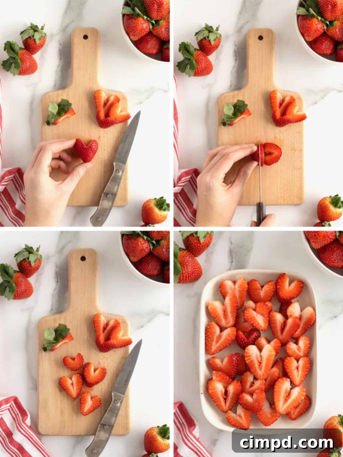 Making Perfect Strawberry Hearts 6 Detailed step-by-step guide for making heart-shaped strawberry slices from a whole strawberry.