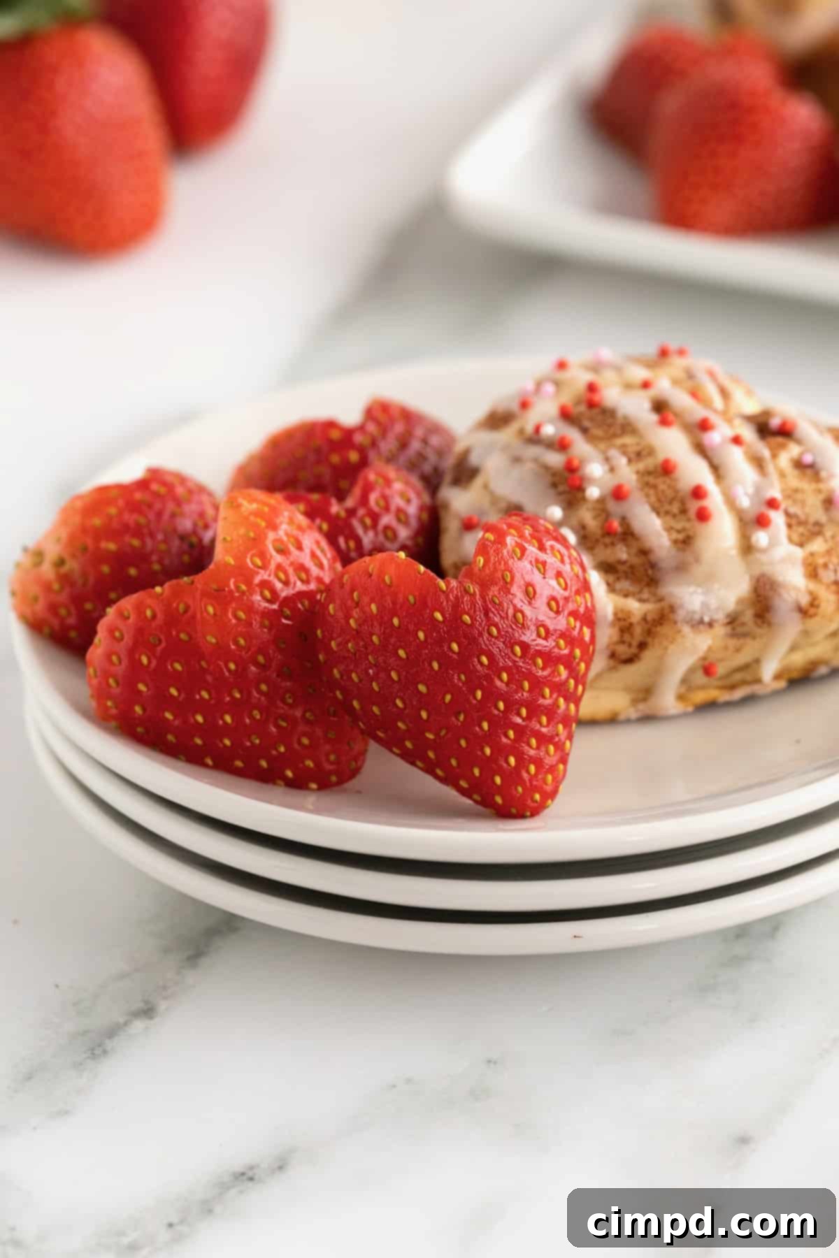 Making Perfect Strawberry Hearts 7 A stunning display of heart-shaped strawberry halves and slices on a platter, ready for serving.