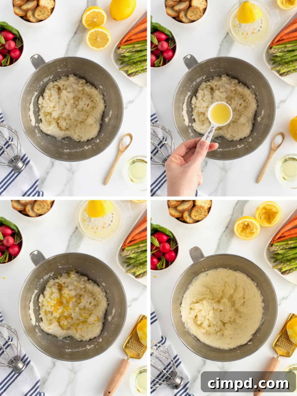 Step-by-step image showing ricotta being whipped in a stand mixer.