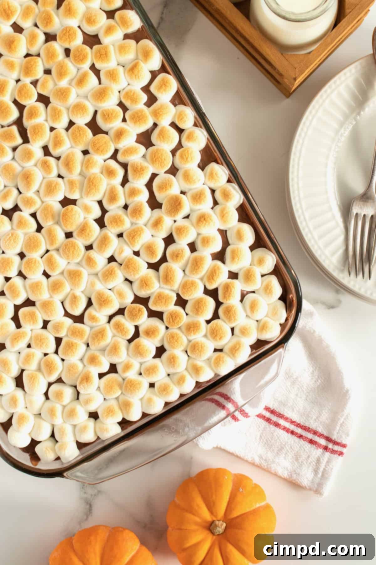 A beautifully presented slice of Pumpkin S'mores Snack Cake on a plate, with a fork ready to dig in. The layers are clearly visible.