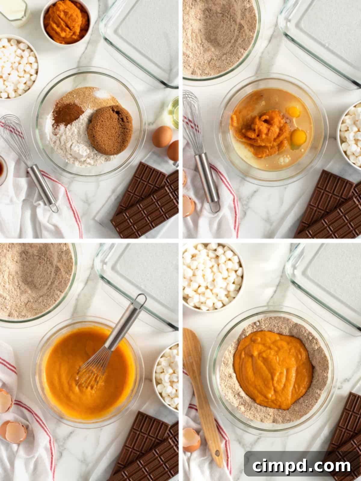 Step-by-step photo collage showing the process of mixing ingredients and pouring batter for the Pumpkin S'mores Snack Cake.