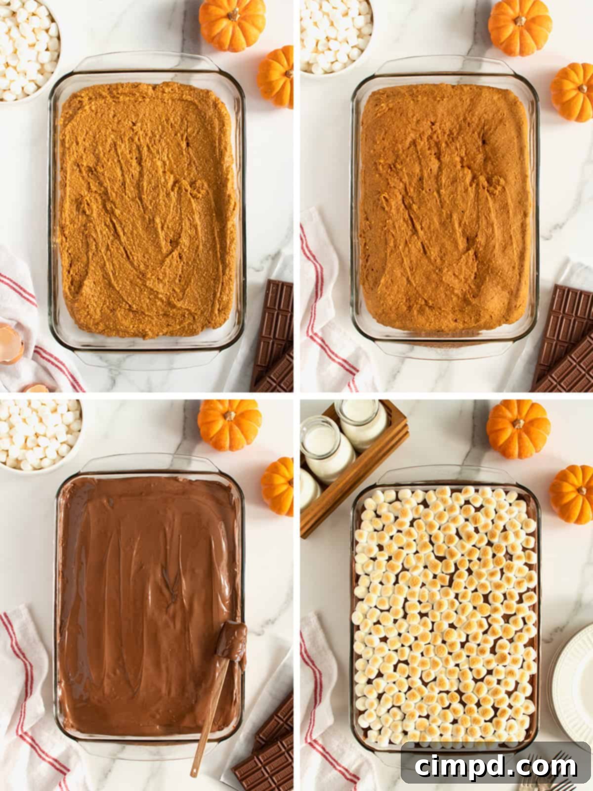 A close-up of the Pumpkin S'mores Snack Cake after the marshmallows have been toasted under the broiler, showcasing the perfect golden-brown finish.