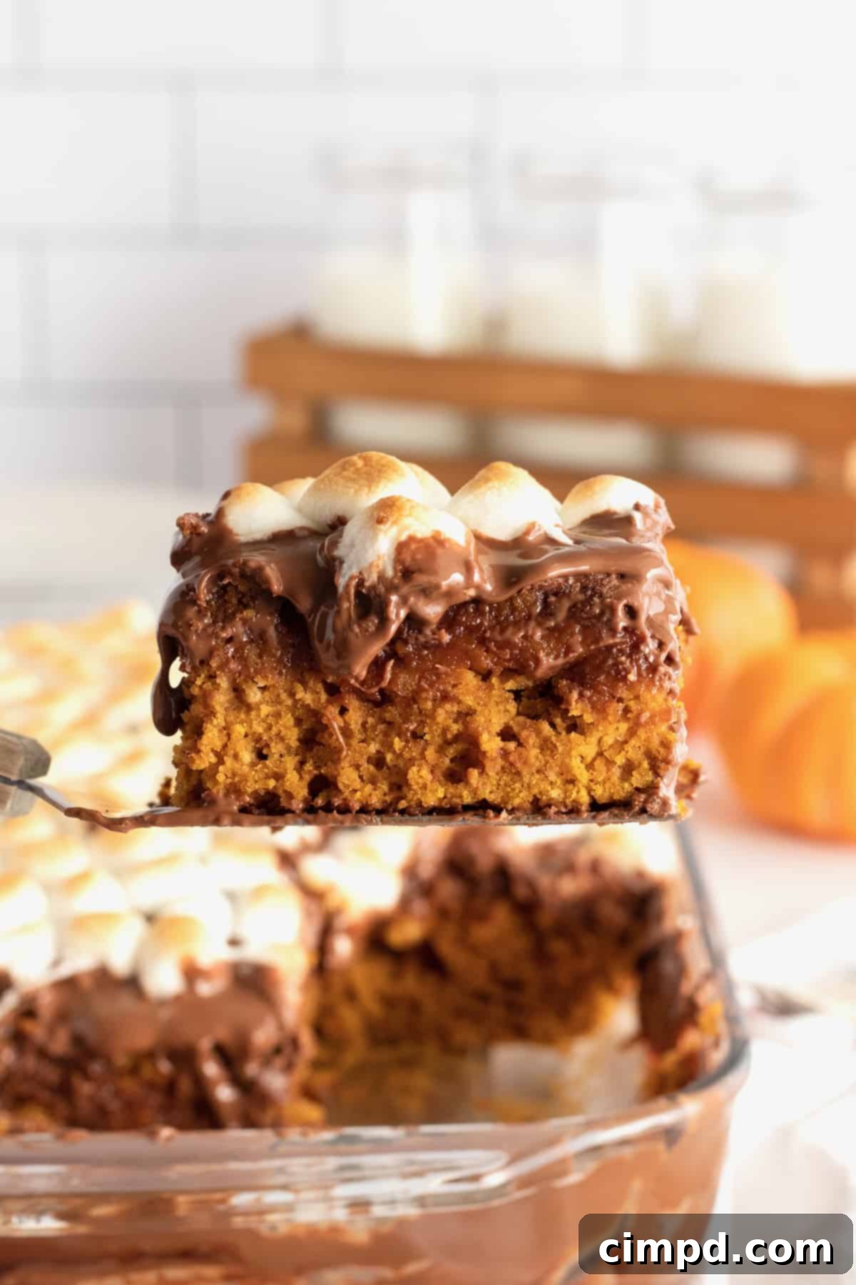 A top-down view of the freshly baked Pumpkin S'mores Snack Cake in its 9x13 pan, with a few slices already cut, showing the soft interior.