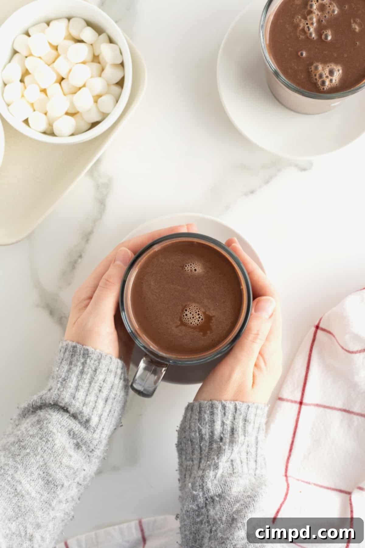 Close-up of Homemade Hot Chocolate in a mug, garnished with mini marshmallows and a chocolate drizzle.