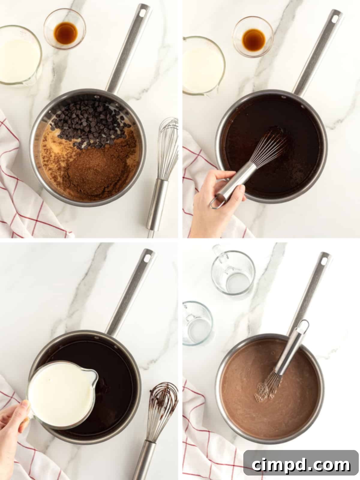 Step-by-step image showing the hot chocolate ingredients simmering in a saucepan.