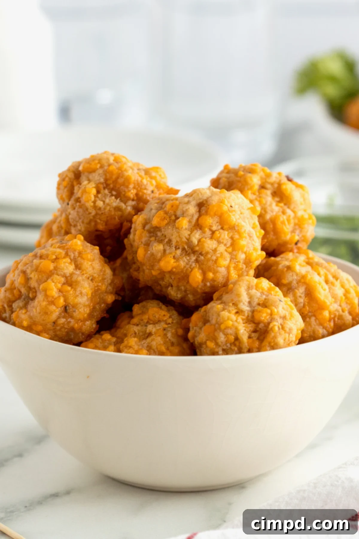 Irresistible Cheesy Sausage Bites 2 Crispy golden Easy Cheesy Sausage Balls on a platter, ready to serve.