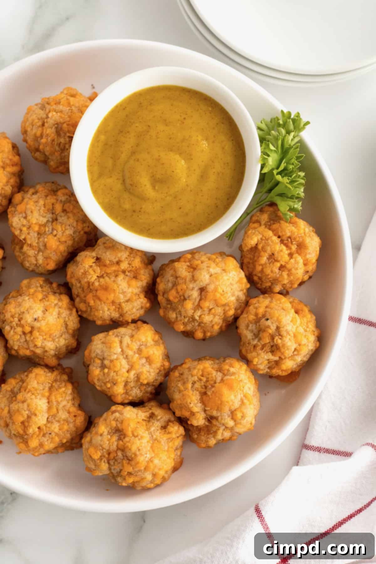 Irresistible Cheesy Sausage Bites 3 Close-up of baked Easy Cheesy Sausage Balls, showing golden brown exterior.