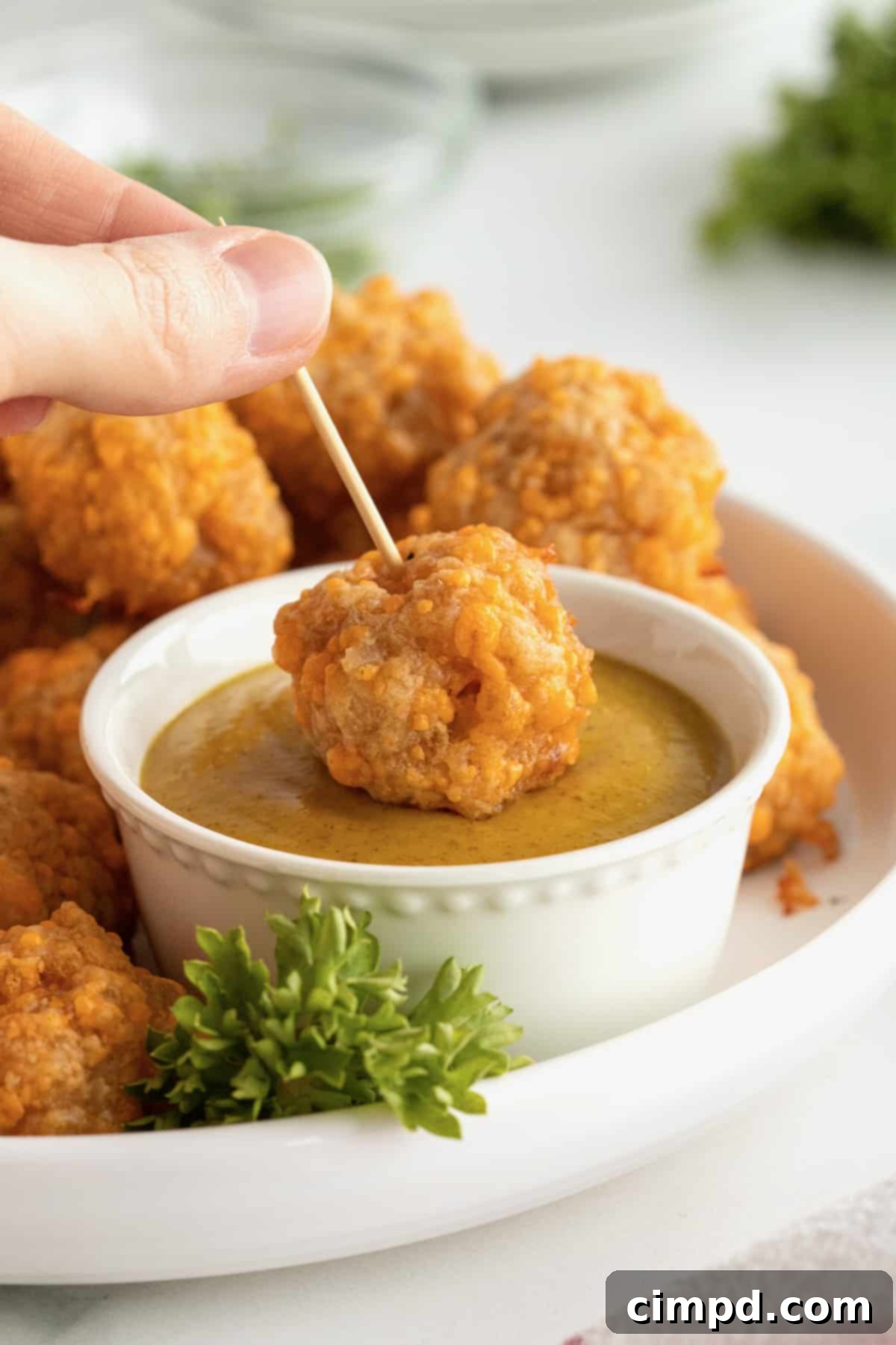 Close-up of baked sausage balls arranged on a platter with a bowl of honey mustard dip