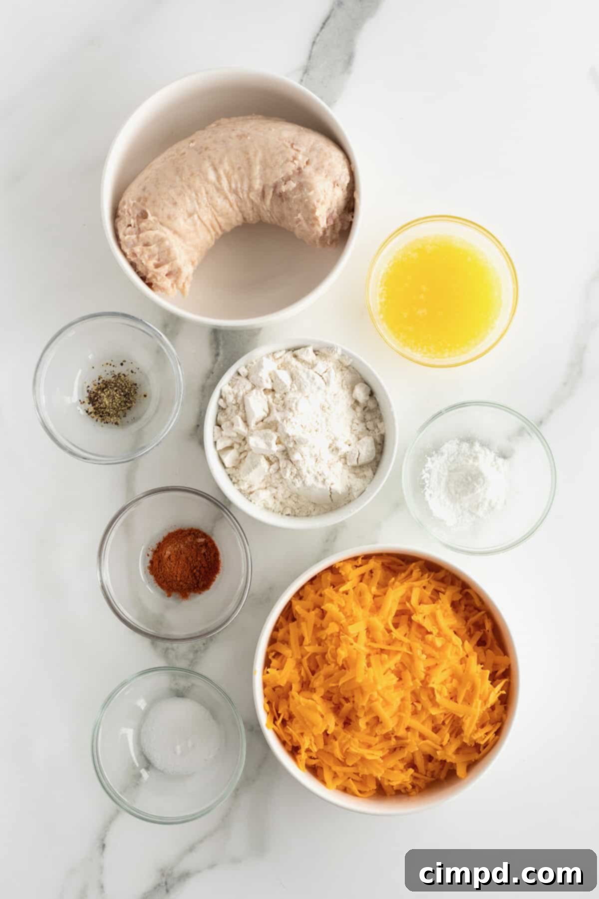 Irresistible Cheesy Sausage Bites 5 All the raw ingredients for Easy Cheesy Sausage Balls laid out.