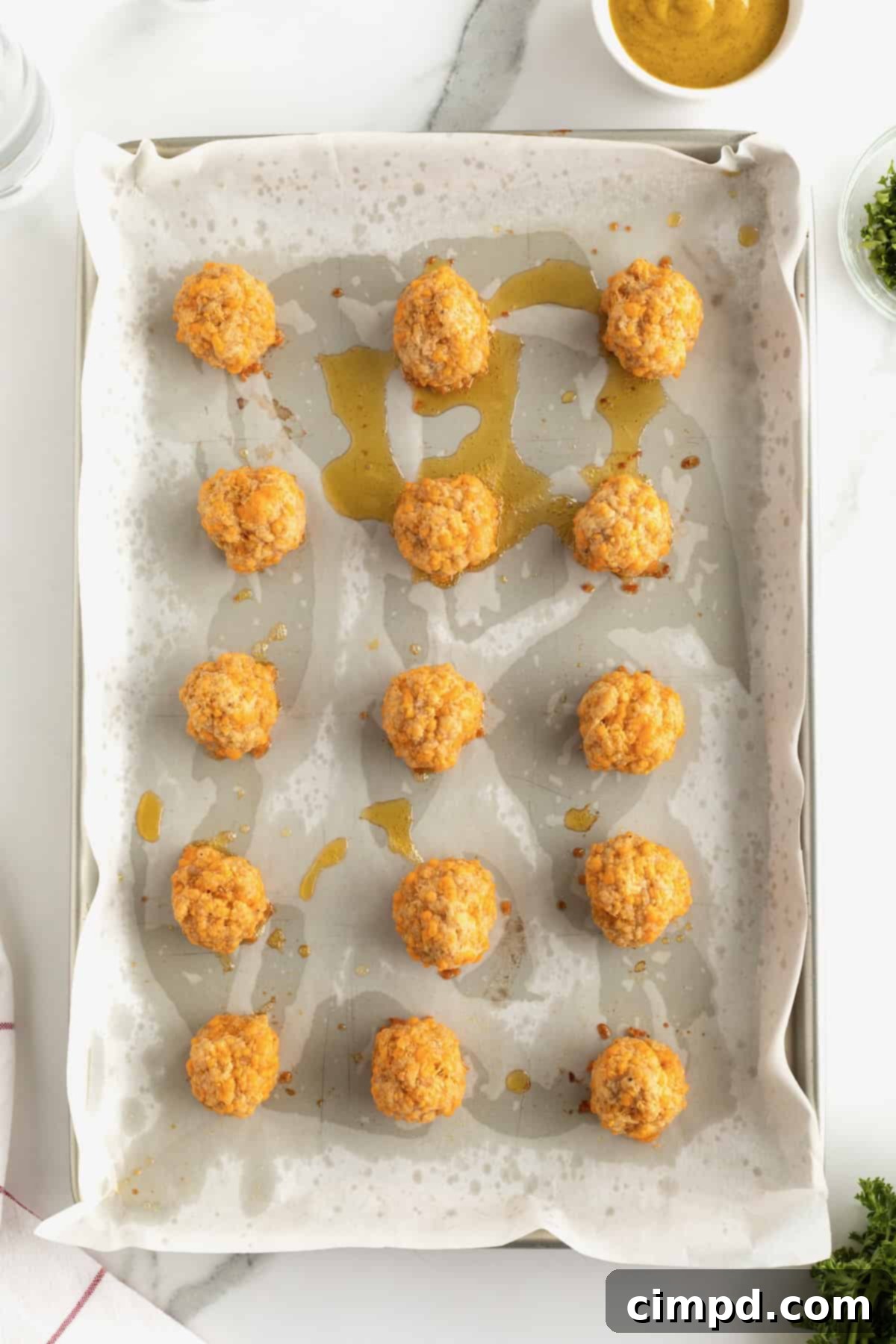 Irresistible Cheesy Sausage Bites 7 Easy Cheesy Sausage Balls baking in the oven, turning golden.
