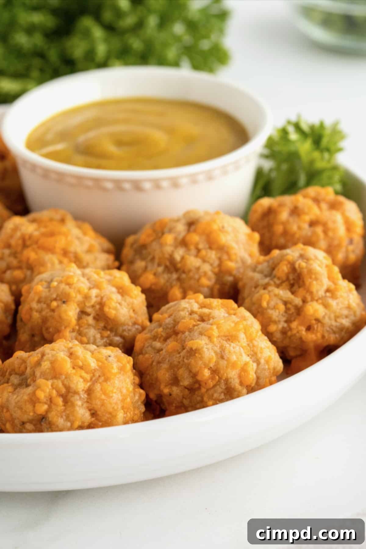 Another enticing view of the crispy, savory sausage balls, ready for a party