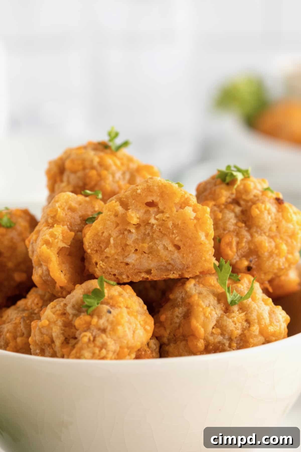 Irresistible Cheesy Sausage Bites 9 Easy Cheesy Sausage Balls served with dipping sauce.