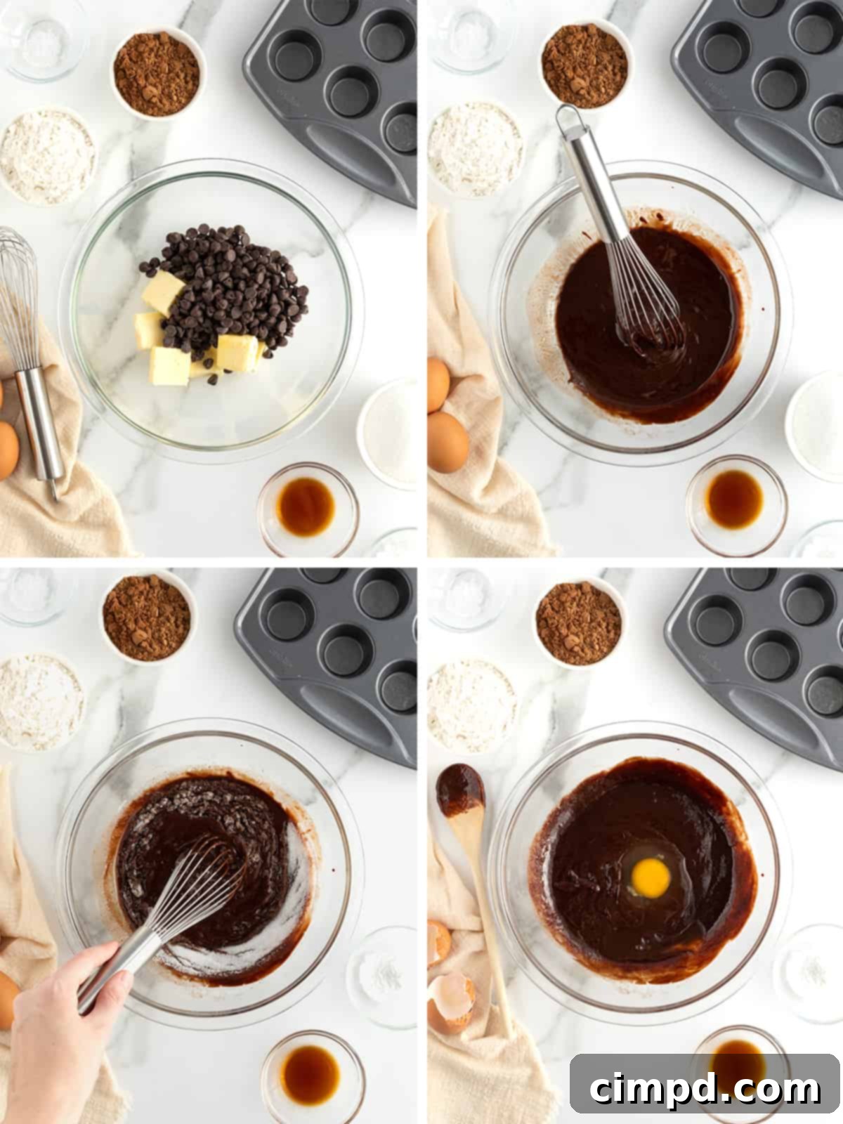 Easy Fudgy Brownie Bites 6 Collage showing steps for making brownie bites: melting chocolate, mixing ingredients, and filling muffin cups.