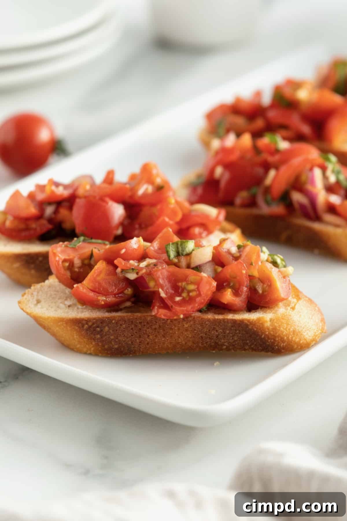 Classic Tomato Bruschetta served on crispy crostini, garnished with fresh basil.