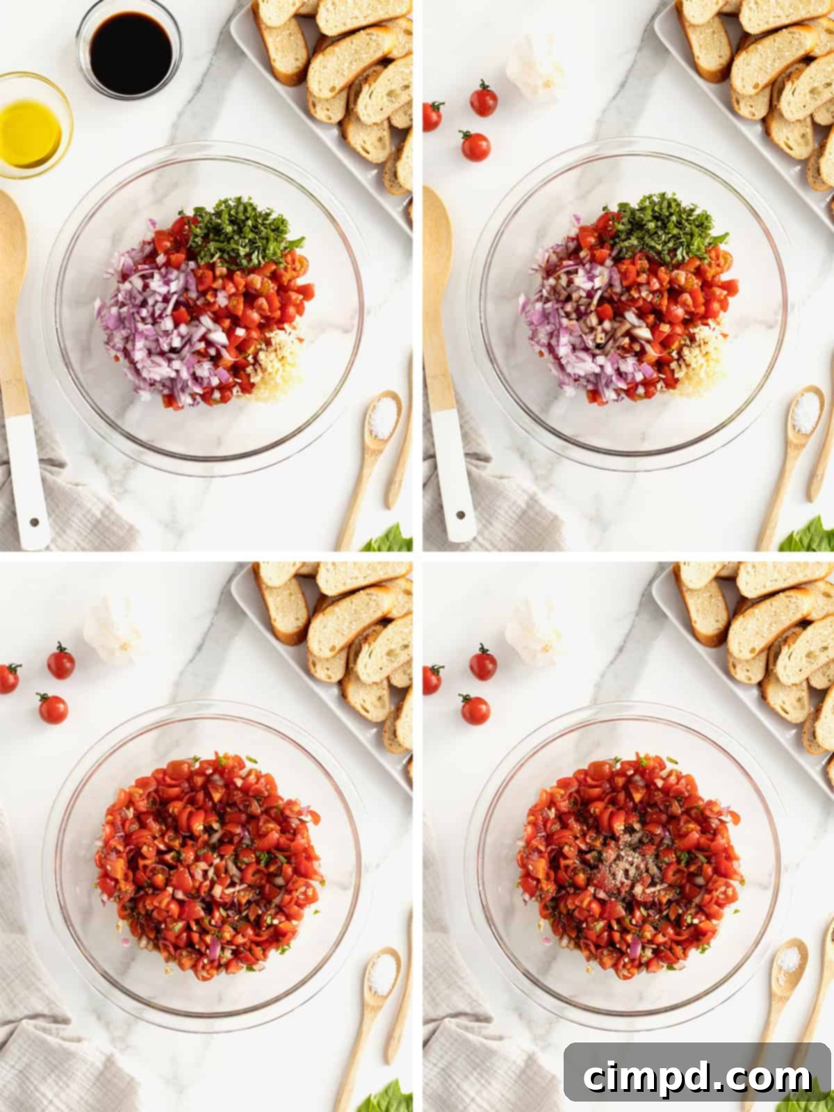The process of mixing ingredients for Classic Tomato Bruschetta in a bowl.