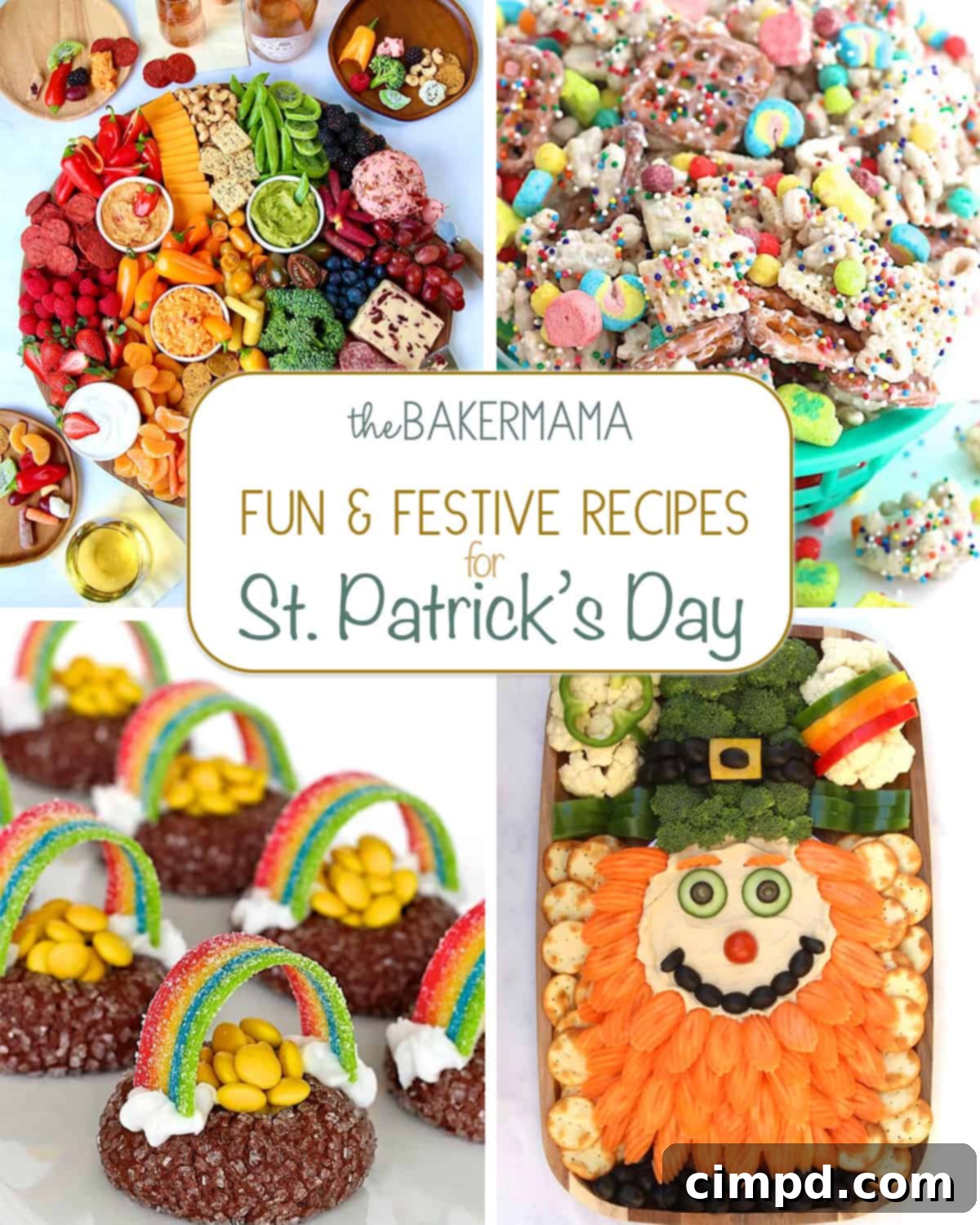 Eat the Rainbow Snack Board, Magic Mix, Pot of Gold Cookies, and Leprechaun Snack Board – a vibrant collection of St. Patrick's Day treats.