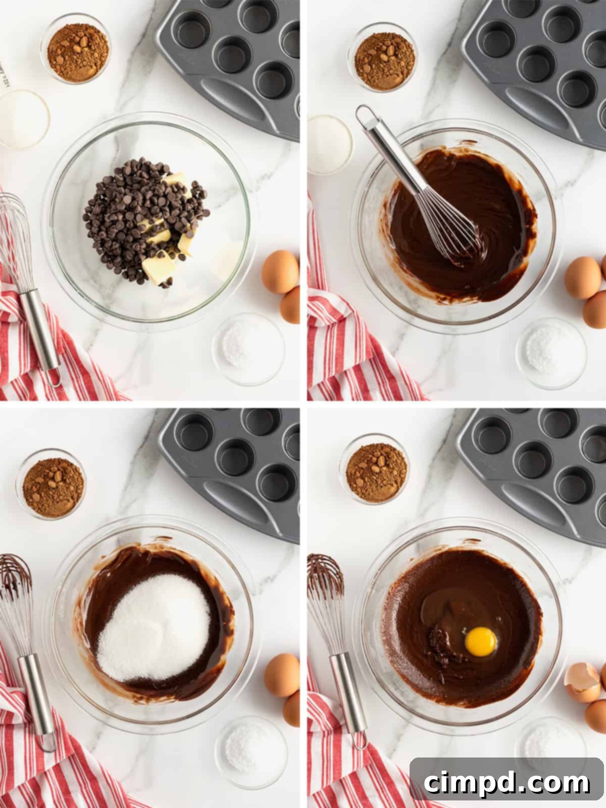 Visual steps demonstrating how to prepare the brownie batter for flourless bites