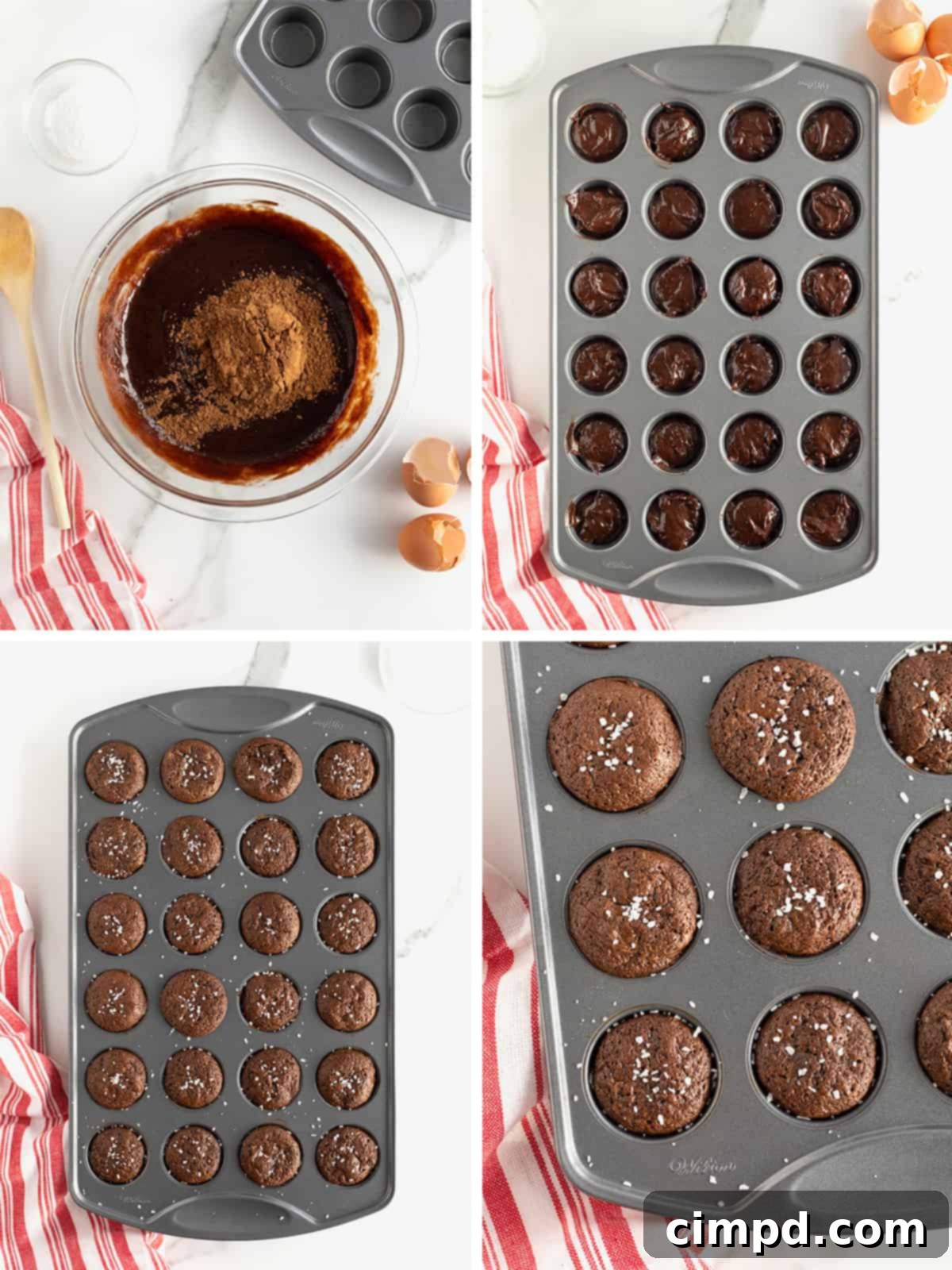 Finished Flourless Fudge Brownie Bites cooling in a mini muffin pan, sprinkled with sea salt