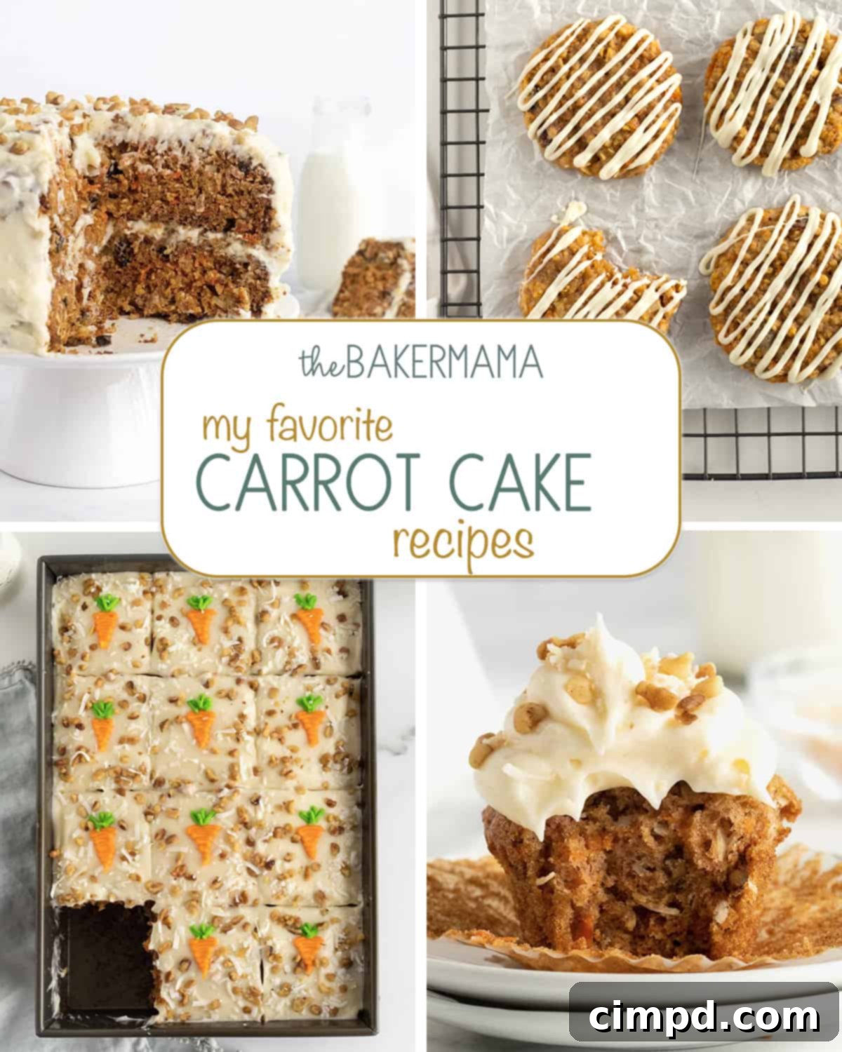 A collage of four carrot cake recipes: coconut carrot cake, carrot cake cookies, carrot sheet cake, and carrot cake cupcakes, showcasing their diverse and delicious forms.