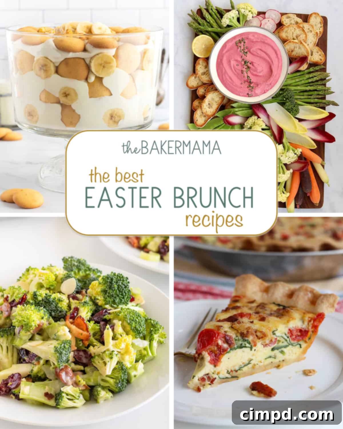 Perfect Easter Brunch Ideas 2 A vibrant Easter brunch spread featuring the best banana pudding, whipped beet ricotta, refreshing broccoli salad, and a savory BLT Quiche, perfect for a festive gathering.