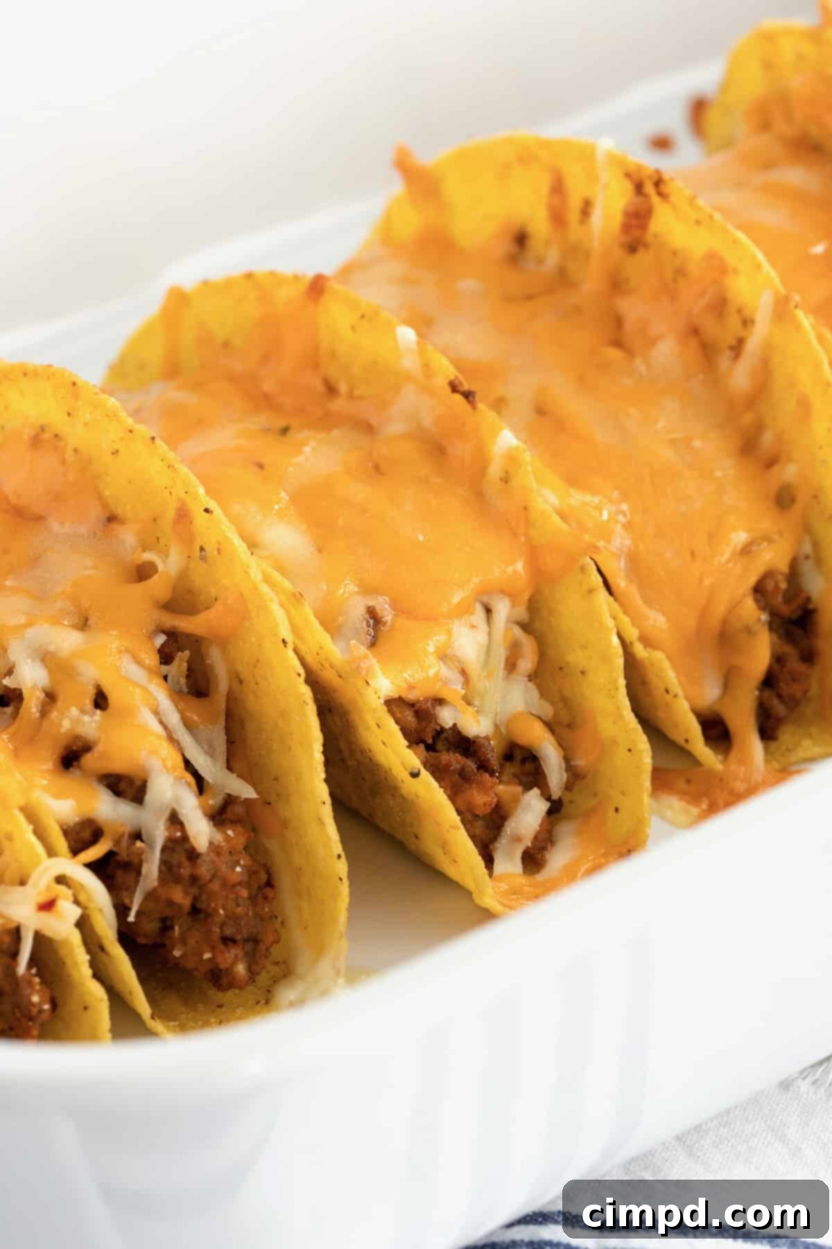 Close-up of golden brown Beef and Bean Baked Tacos with melted cheese and fresh cilantro, by The BakerMama