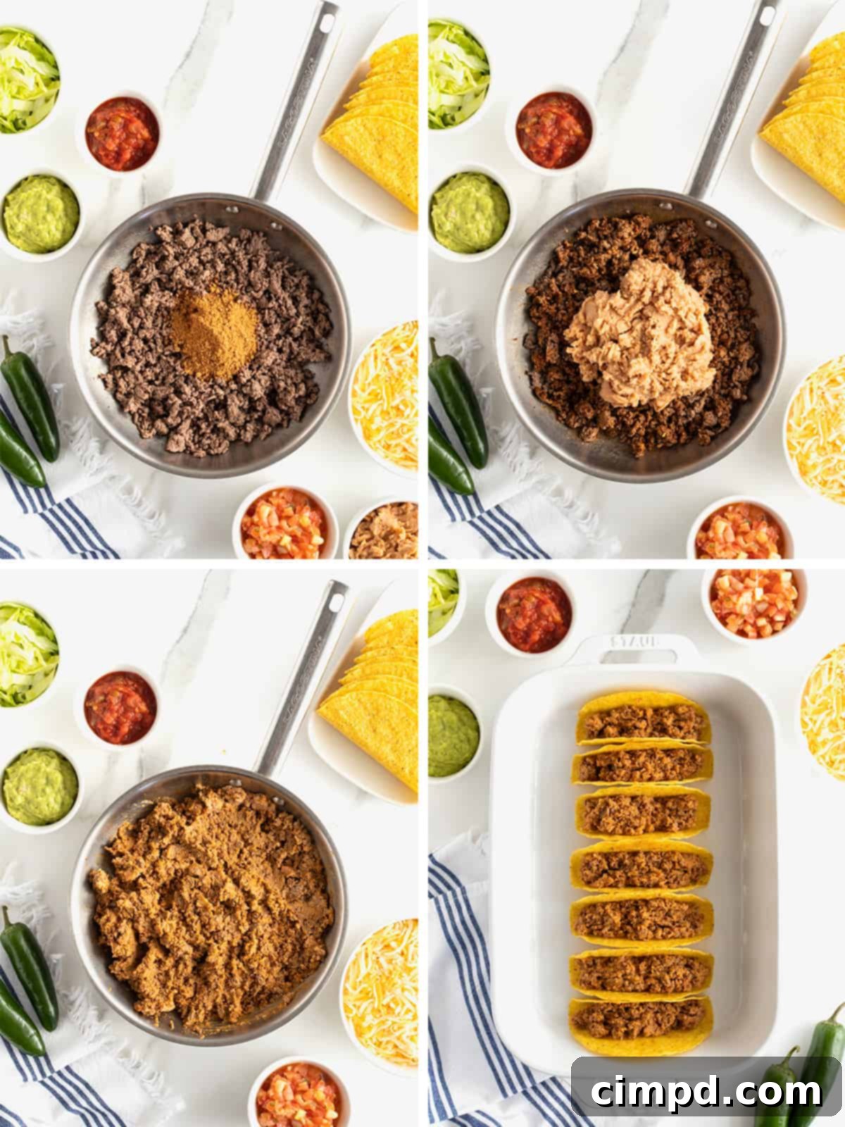 Step-by-step image showing how to fill taco shells with beef and bean mixture in a baking dish, by The BakerMama
