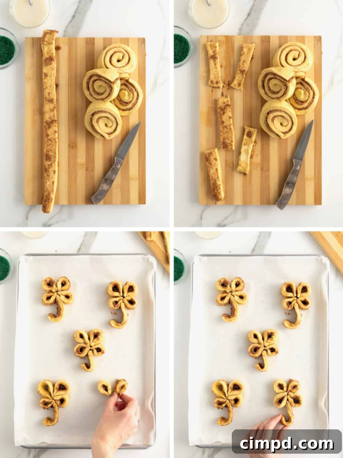 Step-by-step images illustrating how to unroll and shape cinnamon rolls into four-leaf clovers