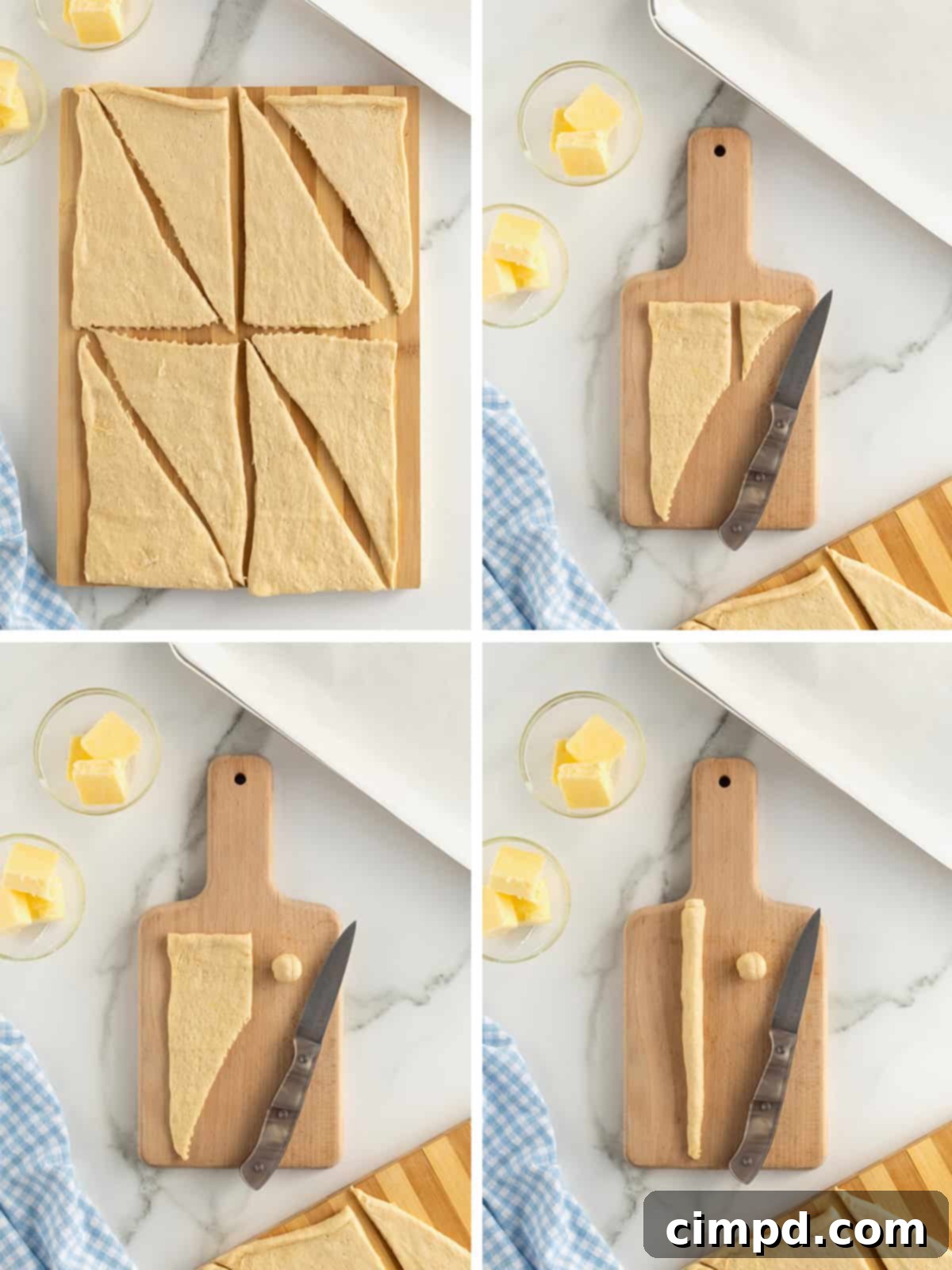 Fluffy Bunny Crescent Rolls 6 Instructional photo demonstrating how to shape crescent dough into a rope and twist it for the bunny body