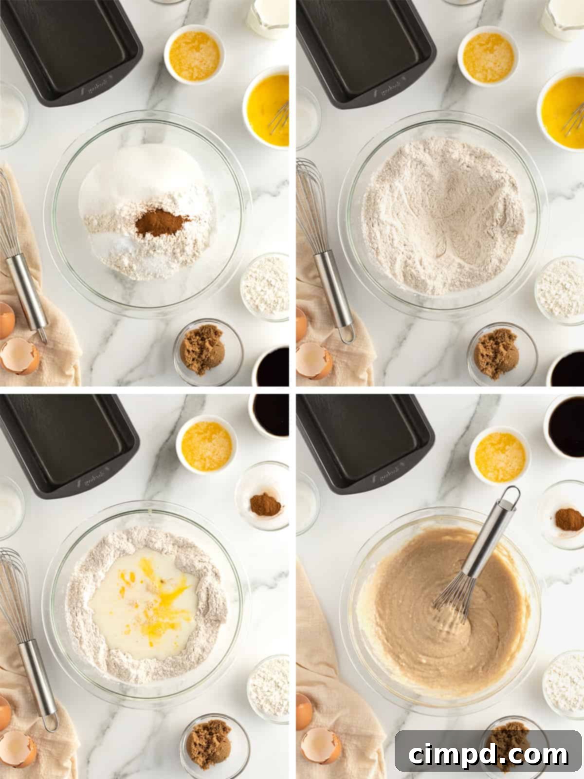 Process shot showing wet ingredients being added to dry ingredients in a mixing bowl for bread batter.