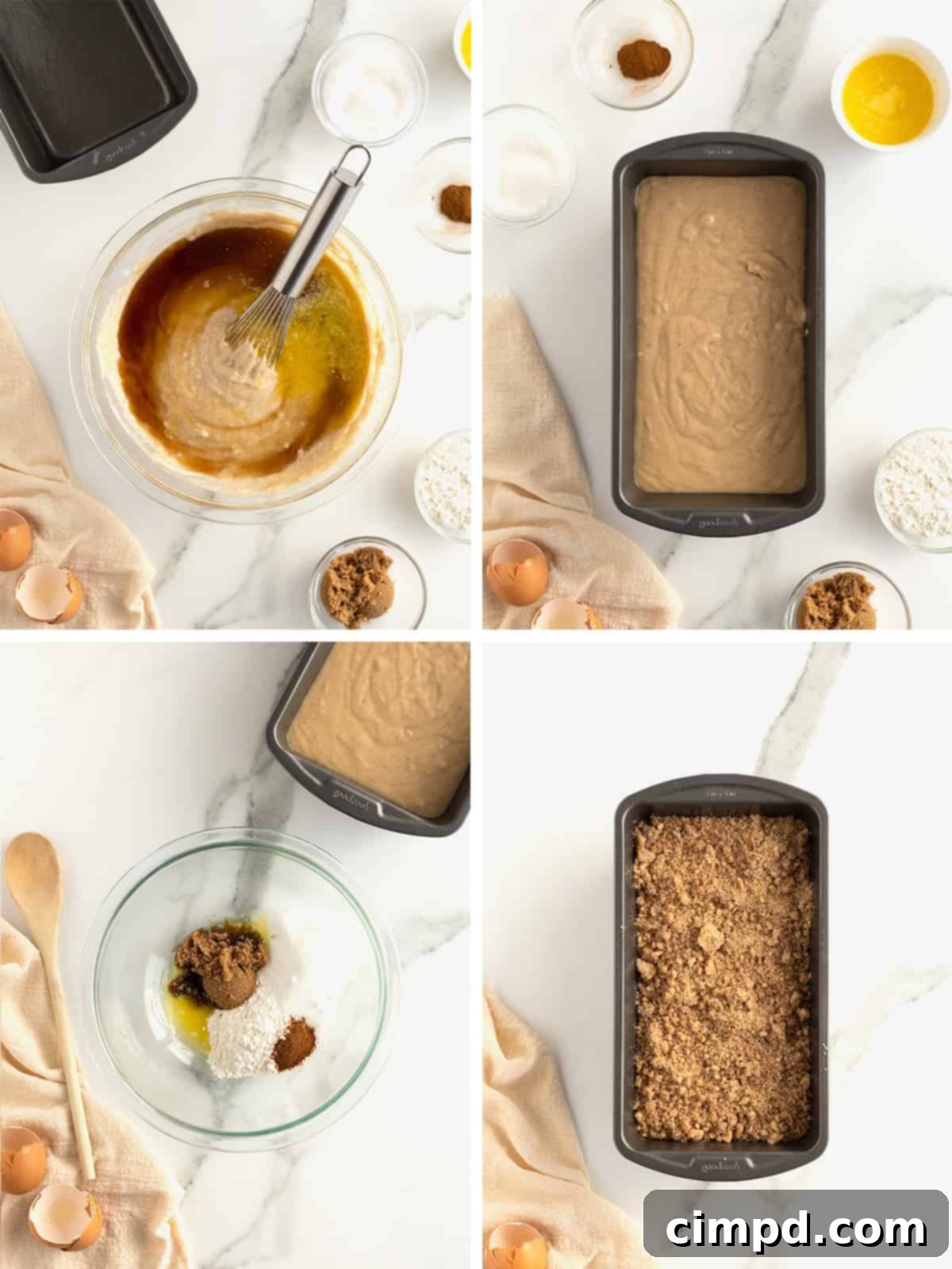 Process shot of streusel topping being sprinkled over bread batter in a loaf pan.