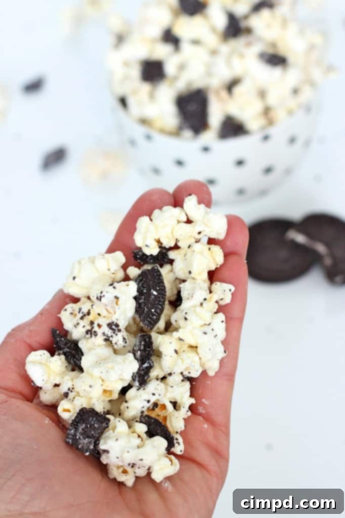 Close-up of Cookies and Creme Popcorn showing cookie pieces