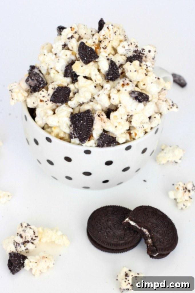 Cookies and Creme Popcorn served in a bowl