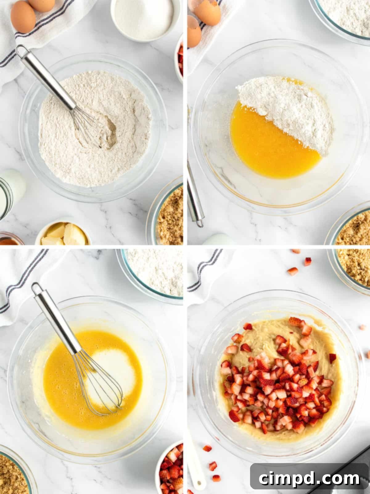 Fresh strawberries being gently folded into the muffin batter