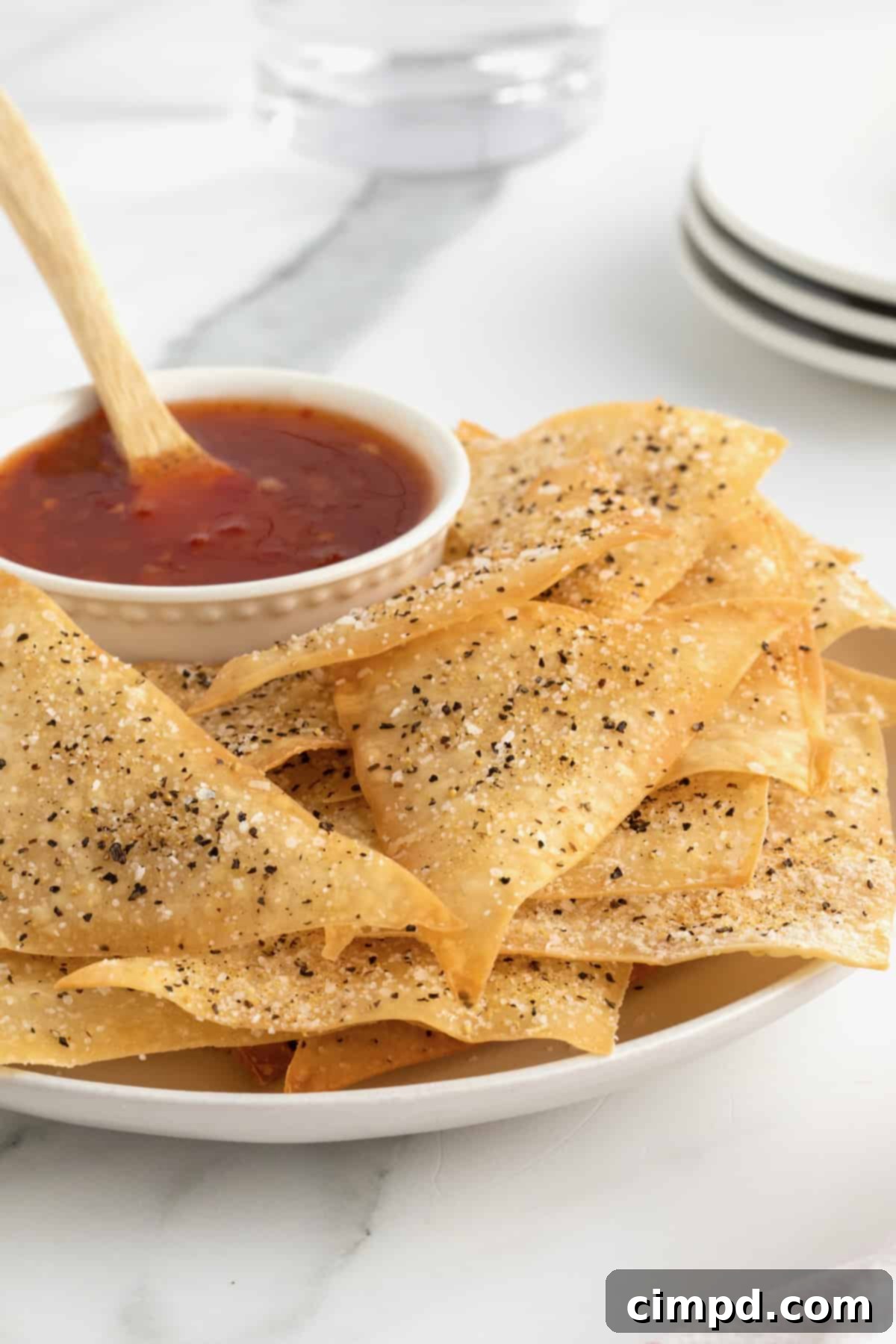Close-up of baked wonton chips with seasoning