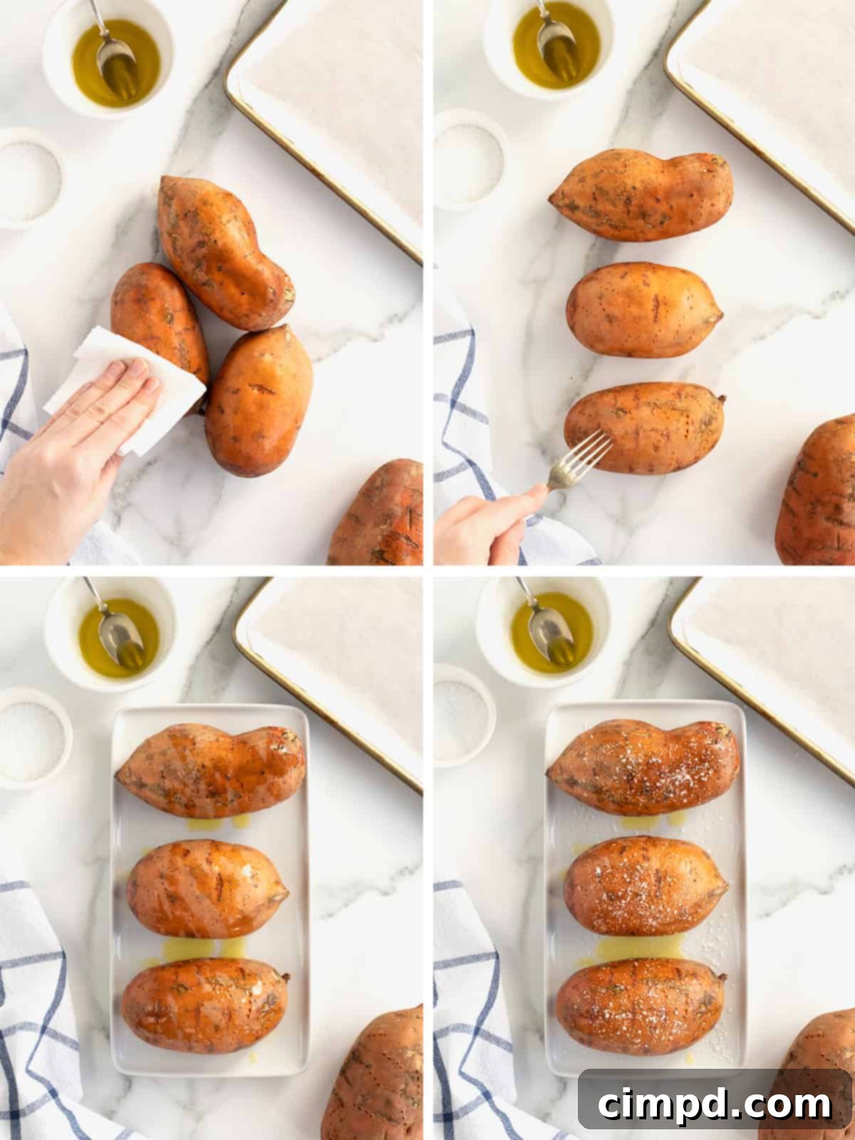 Perfect Baked Sweet Potatoes 8 Steps to bake sweet potatoes: washing, piercing, oiling, salting, and placing on a baking sheet.