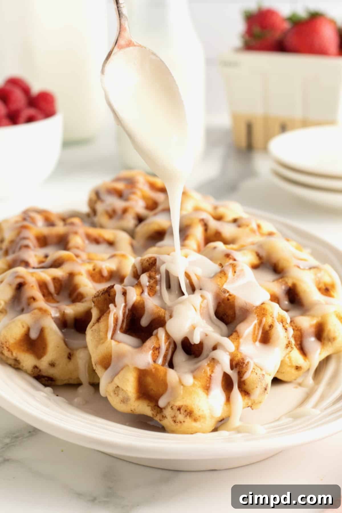 Platter of freshly made Cinnamon Roll Waffles