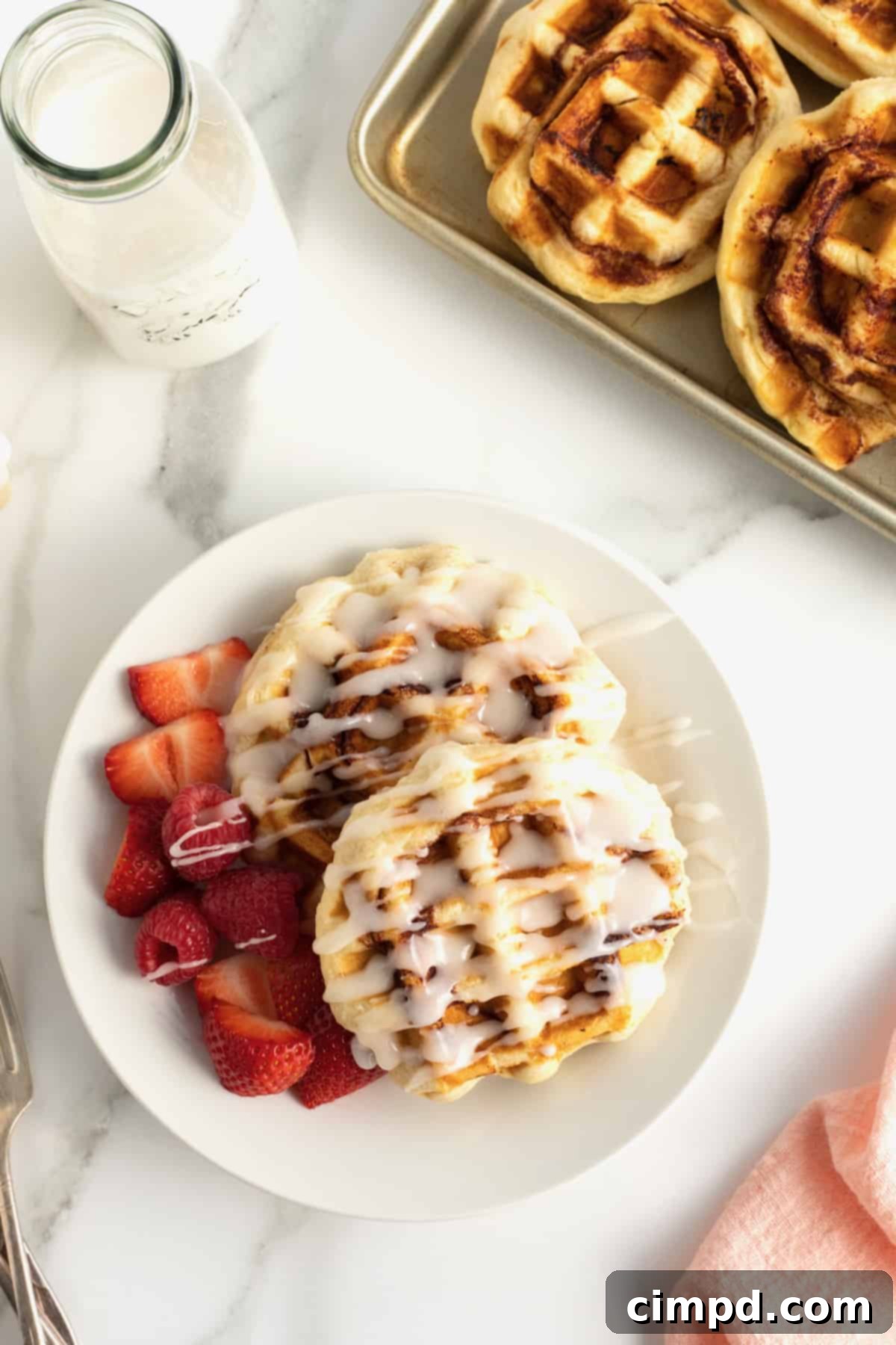Assortment of Cinnamon Roll Waffles, showing different sizes