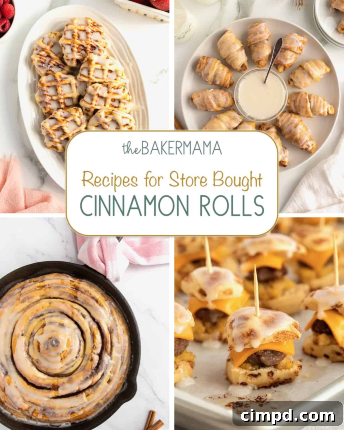 Elevating Store-Bought Cinnamon Rolls 2 A vibrant collection of creative recipes for store-bought cinnamon rolls, including waffles, mini rolls, and casseroles, showcasing delightful breakfast and dessert ideas by The BakerMama.