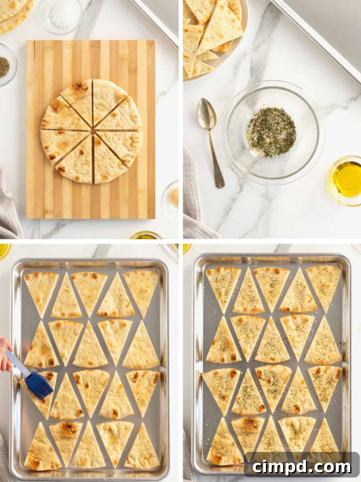 Step-by-step images showing how to prepare baked pita chips