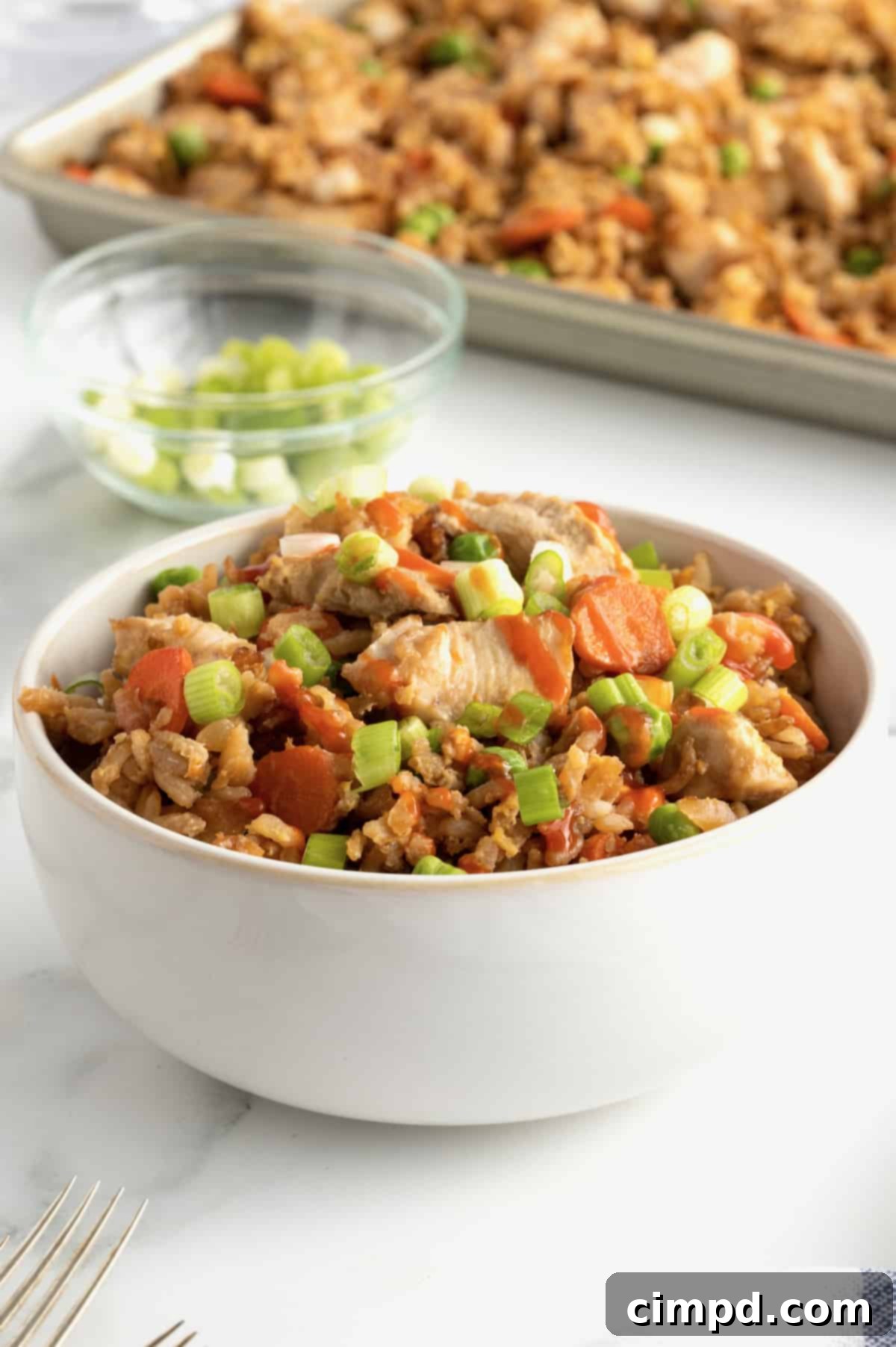 Close-up of freshly prepared Sheet Pan Chicken Fried Rice with vibrant ingredients