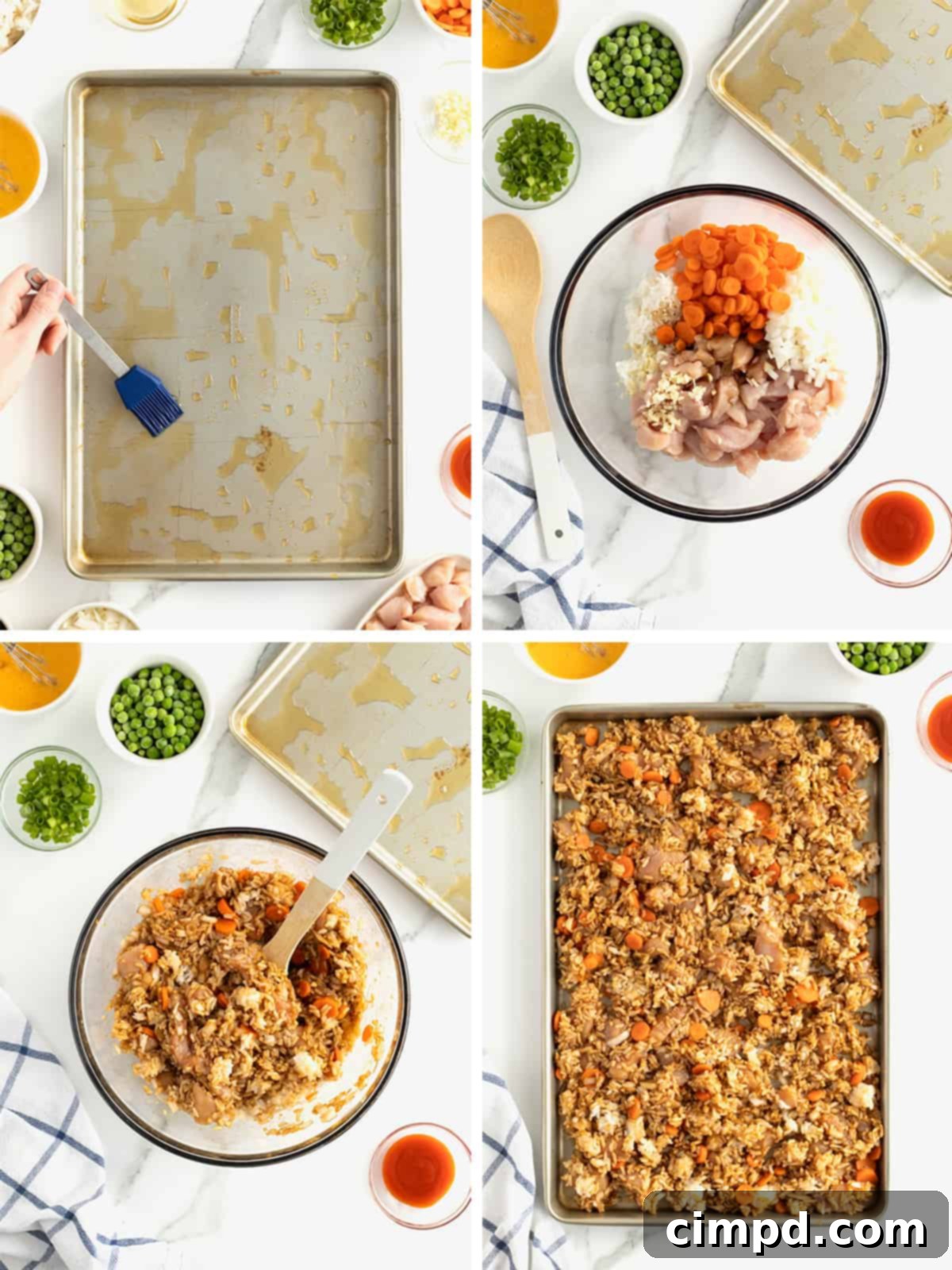 Initial steps of mixing ingredients for Sheet Pan Chicken Fried Rice and spreading on pan