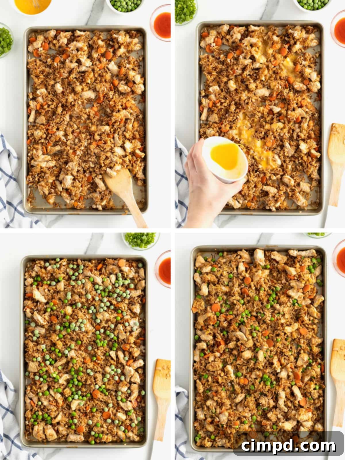 Adding eggs and peas to Sheet Pan Chicken Fried Rice on the baking sheet