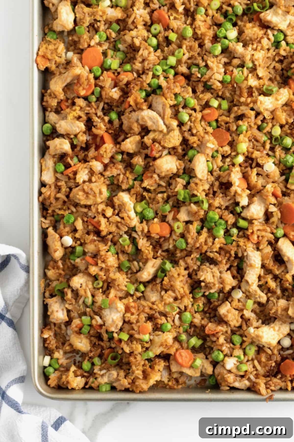 Final presentation of Sheet Pan Chicken Fried Rice garnished with green onions