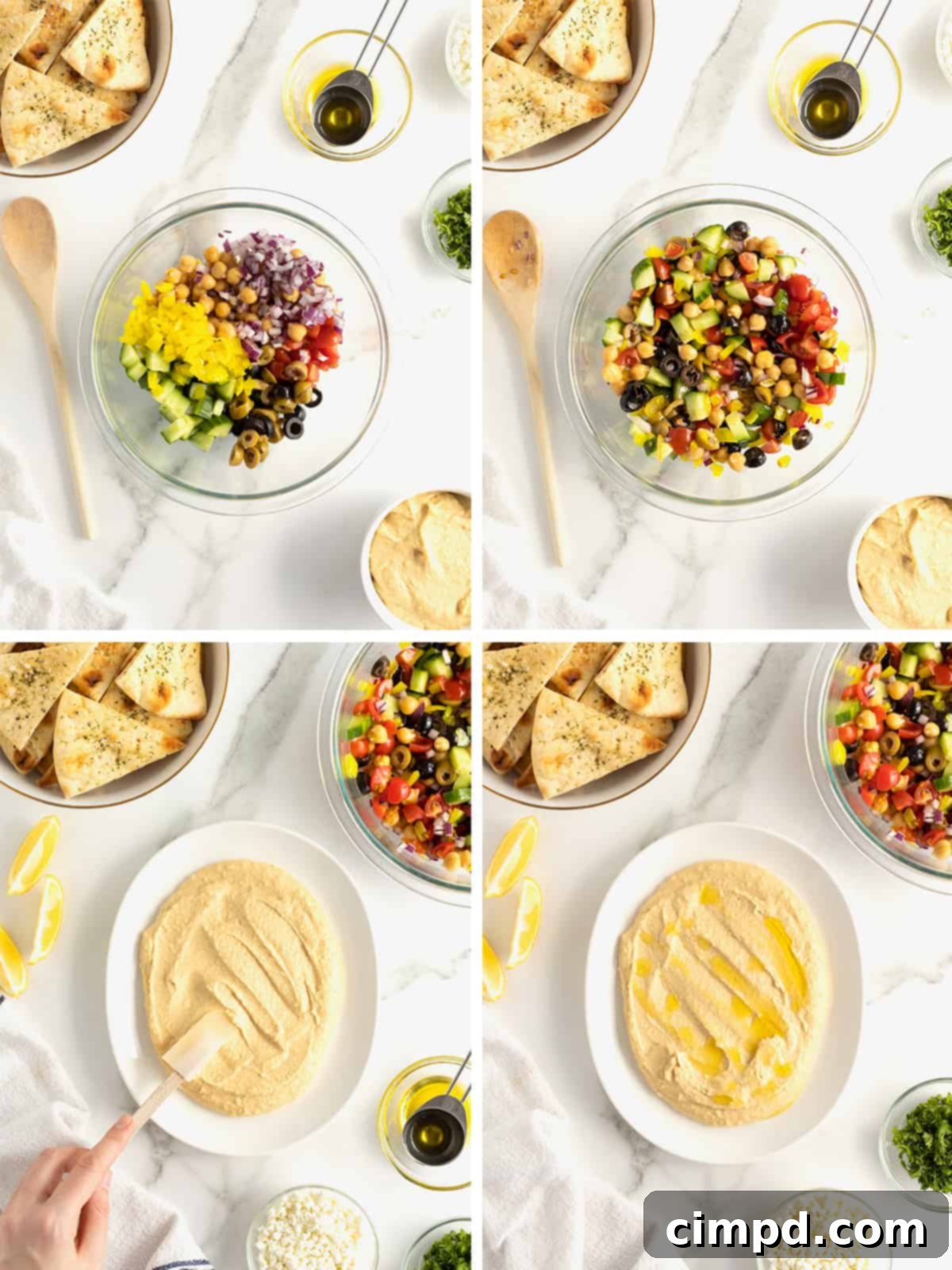 A step-by-step image showcasing the preparation of Loaded Hummus by The BakerMama, with the creamy hummus spread on a platter and the vibrant vegetable mixture being added.