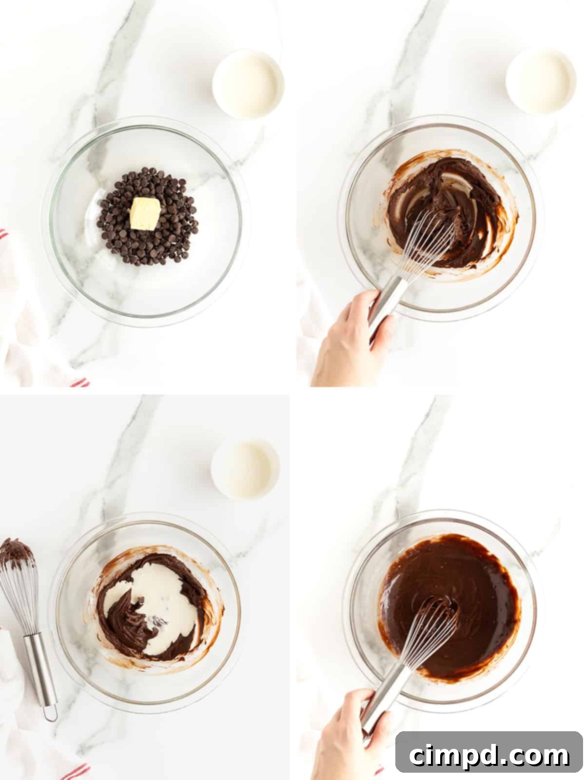 A close-up of the chocolate ganache being made in a clear glass bowl. Partially melted chocolate chips and butter are visible before the heavy cream is fully incorporated, showing the initial stages of the emulsion.